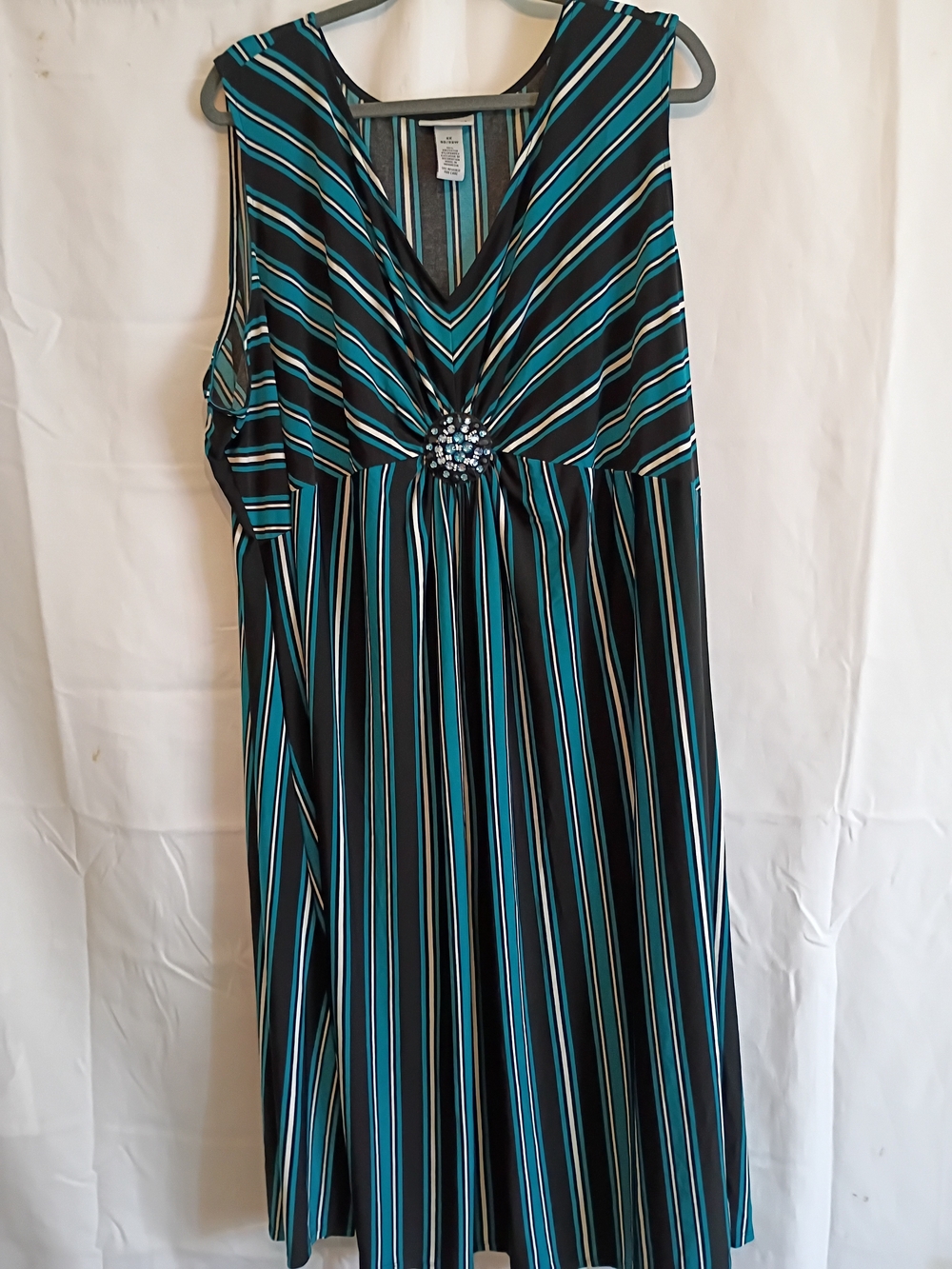 Sleeveless Teal and Black Striped V-Neck Dress Size 4x with Embellished Waist